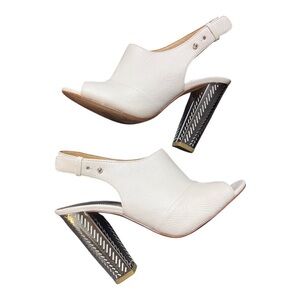 COACH “LILLIE” White Leather  Peep Toe Mirrored Stacked Heel